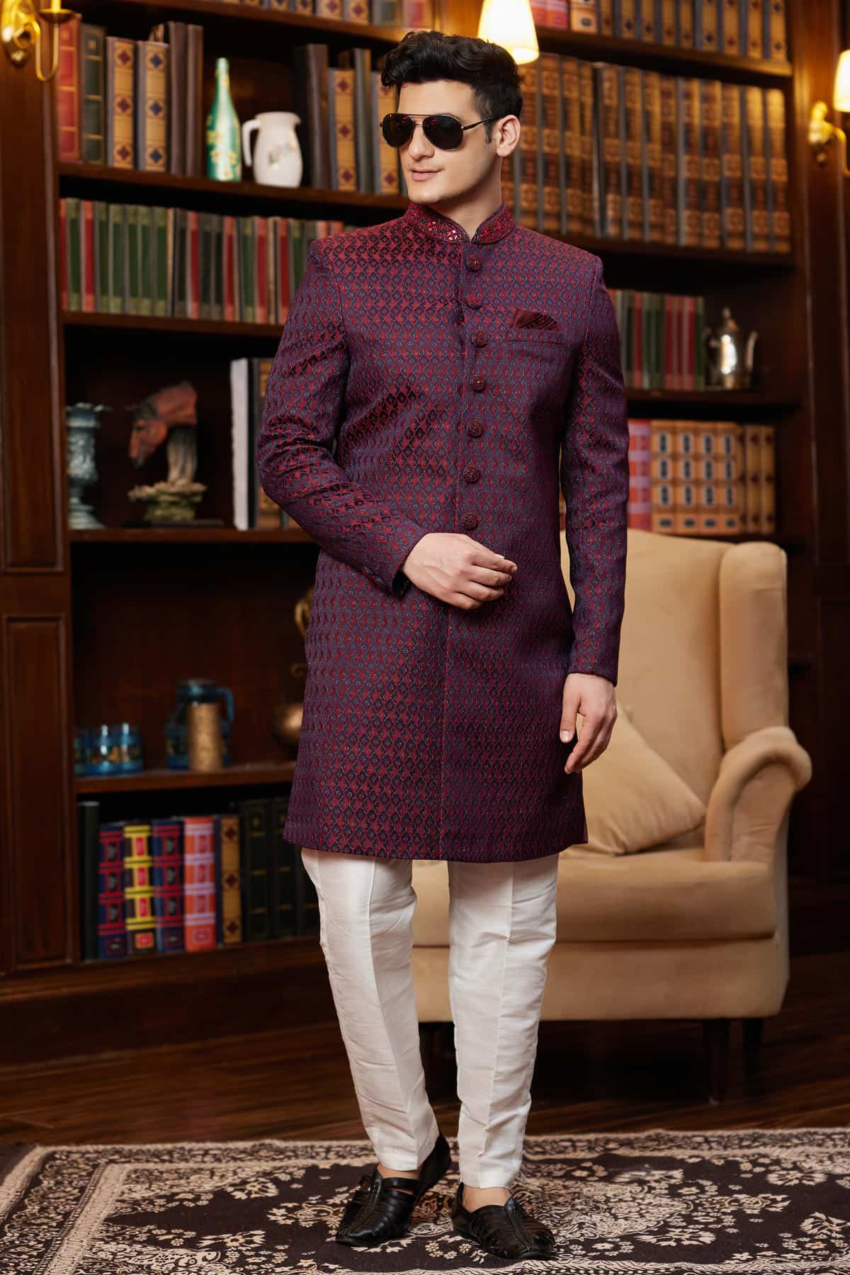 Wine Colour Jacquard Silk Embroidery Work Indo Western