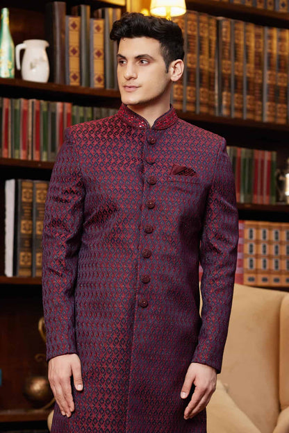 Wine Colour Jacquard Silk Embroidery Work Indo Western