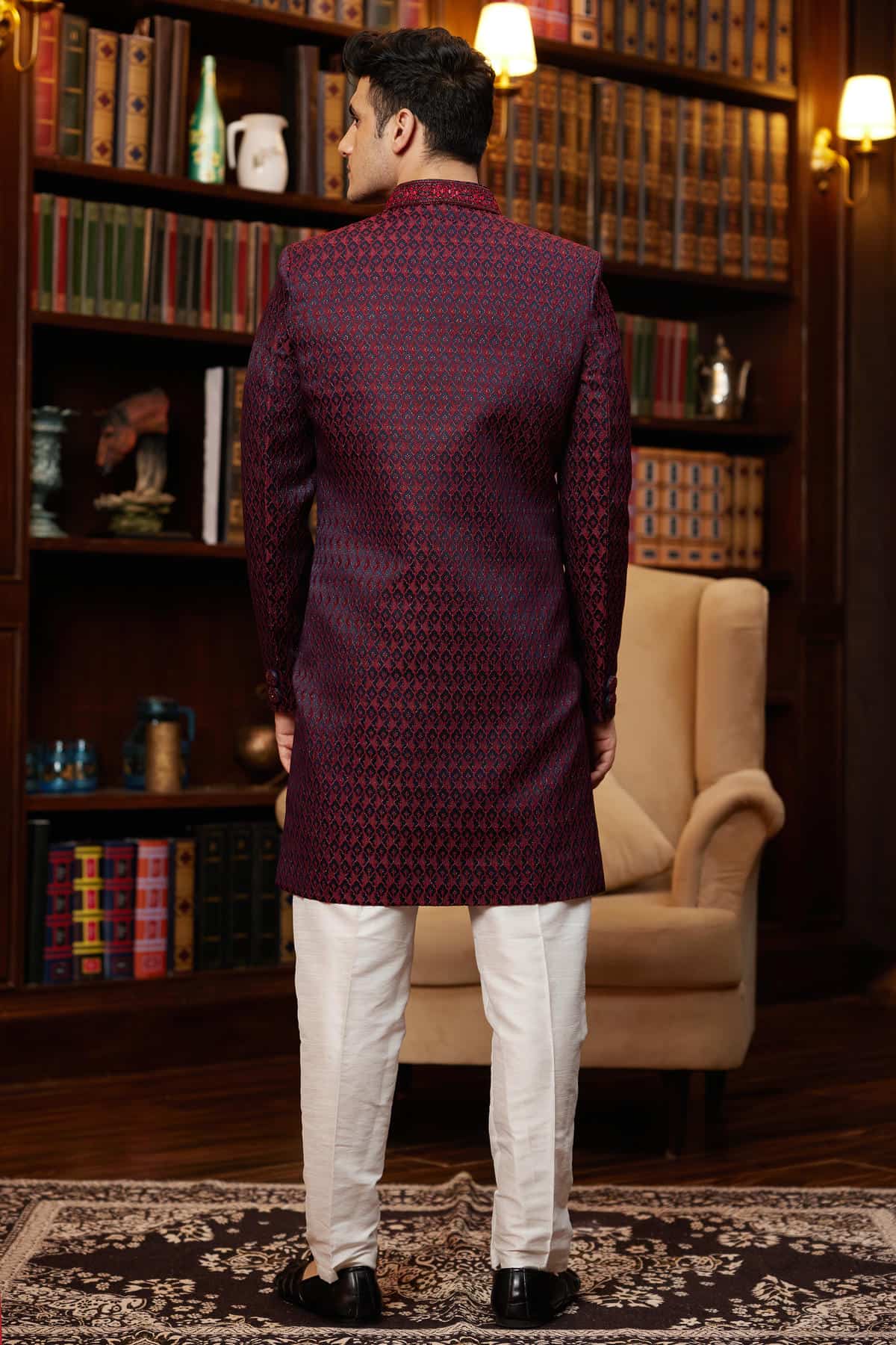 Wine Colour Jacquard Silk Embroidery Work Indo Western
