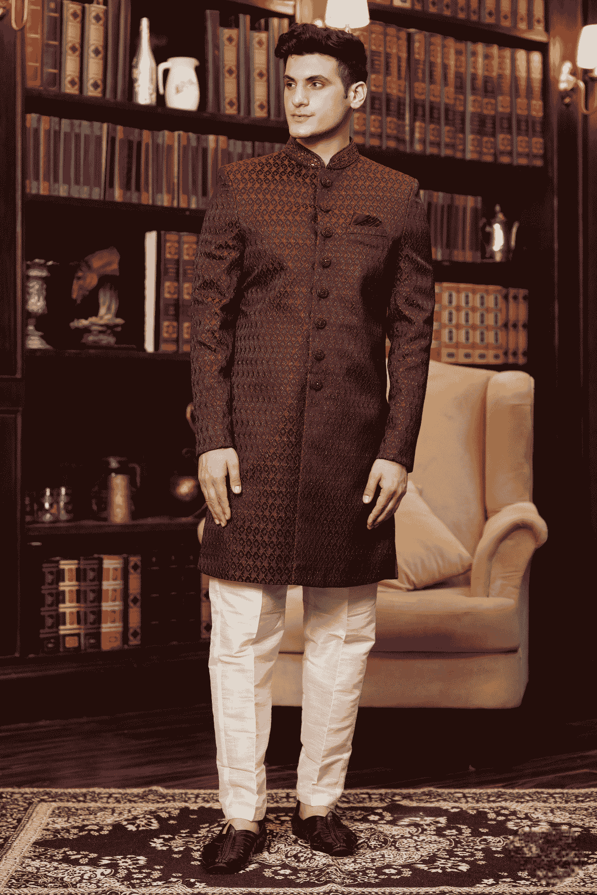 Wine Colour Jacquard Silk Embroidery Work Indo Western