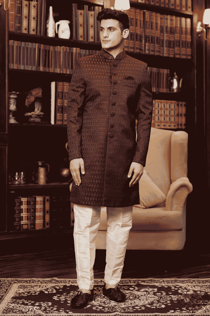 Wine Colour Jacquard Silk Embroidery Work Indo Western