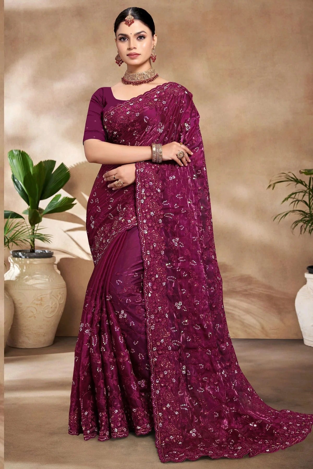 Wine Colour Jimmy Choo Silk Designer Saree SD1091169
