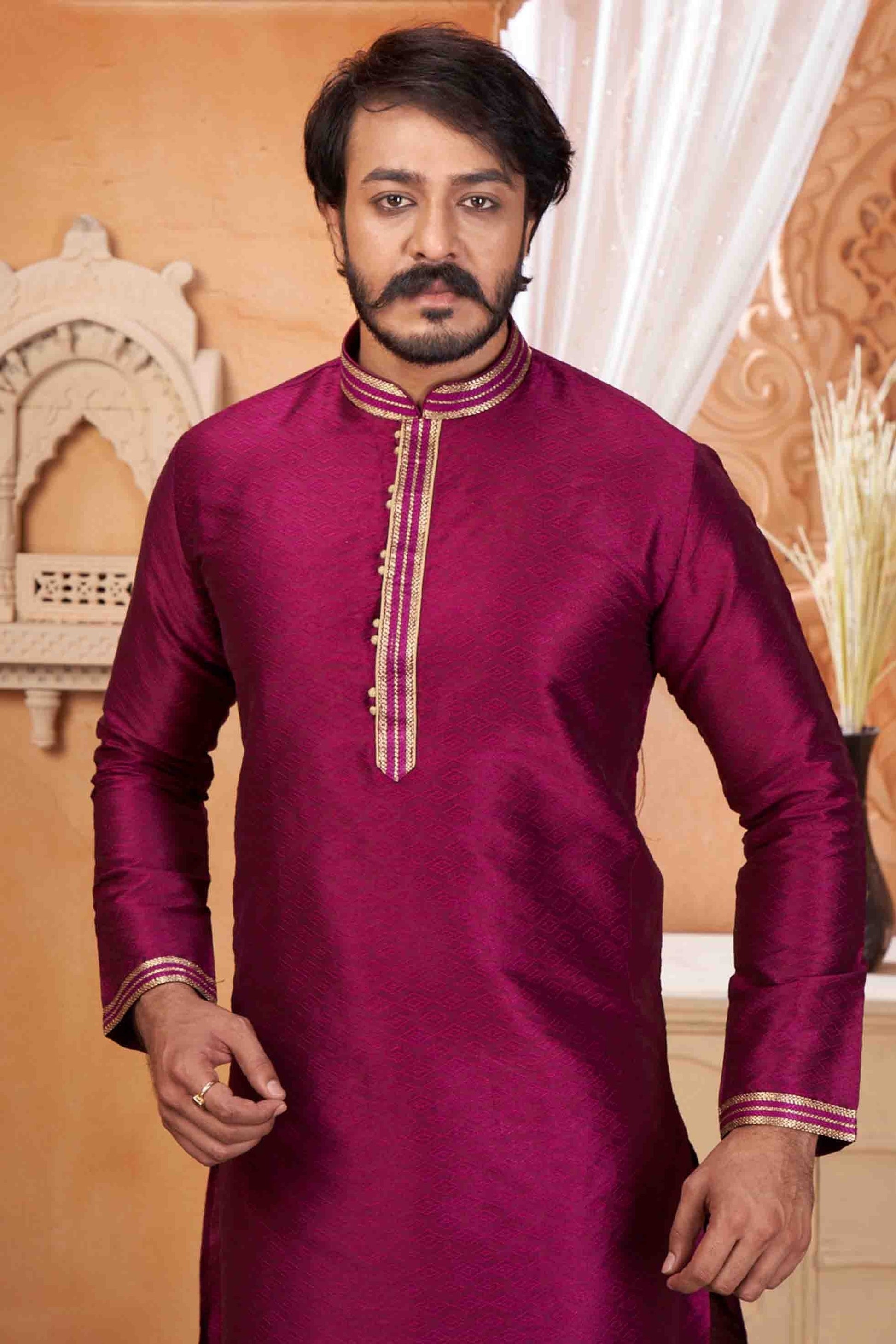 Wine Colour Kurta Pajama In Jacquard Silk KP1210046 A