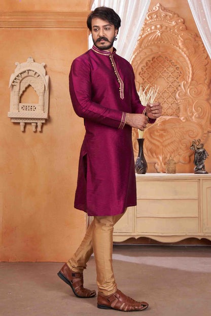Wine Colour Kurta Pajama In Jacquard Silk KP1210046