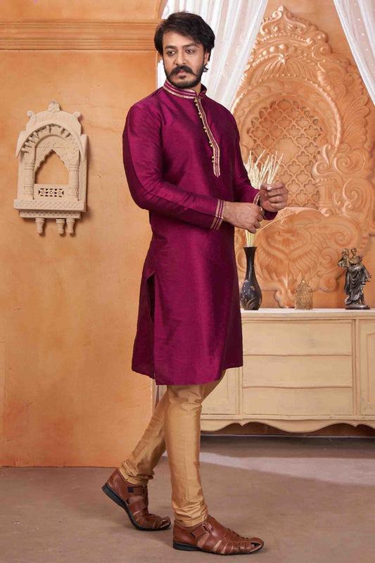 Wine Colour Kurta Pajama In Jacquard Silk KP1210046