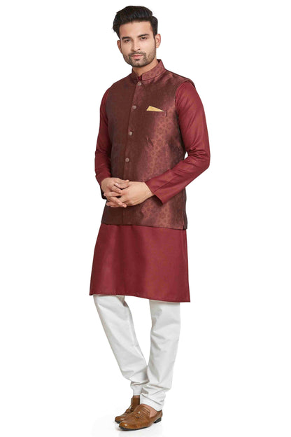 Wine Colour Kurta Pajama With Jacket In Silk KP1210448 A