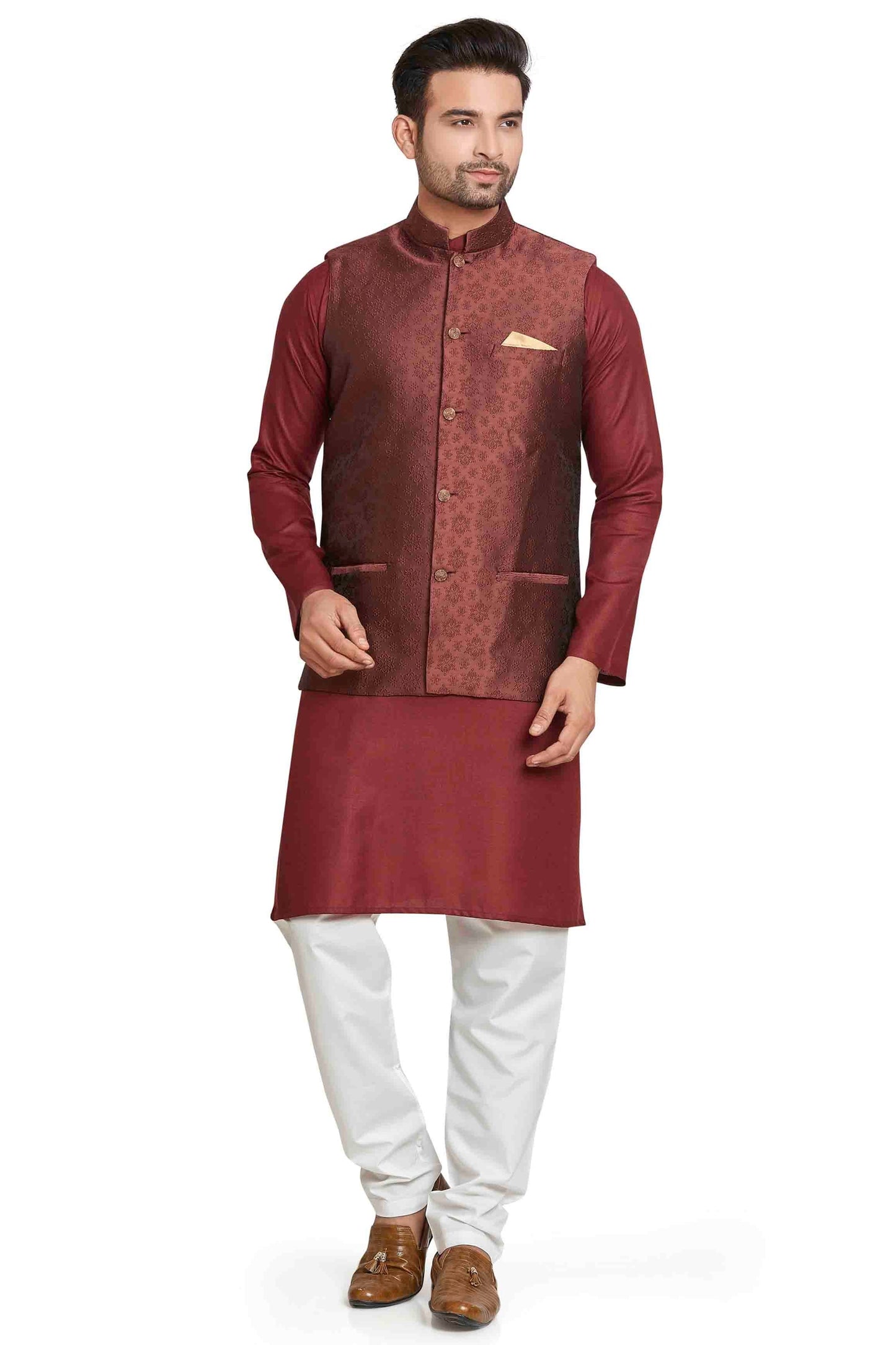 Wine Colour Kurta Pajama With Jacket In Silk KP1210448