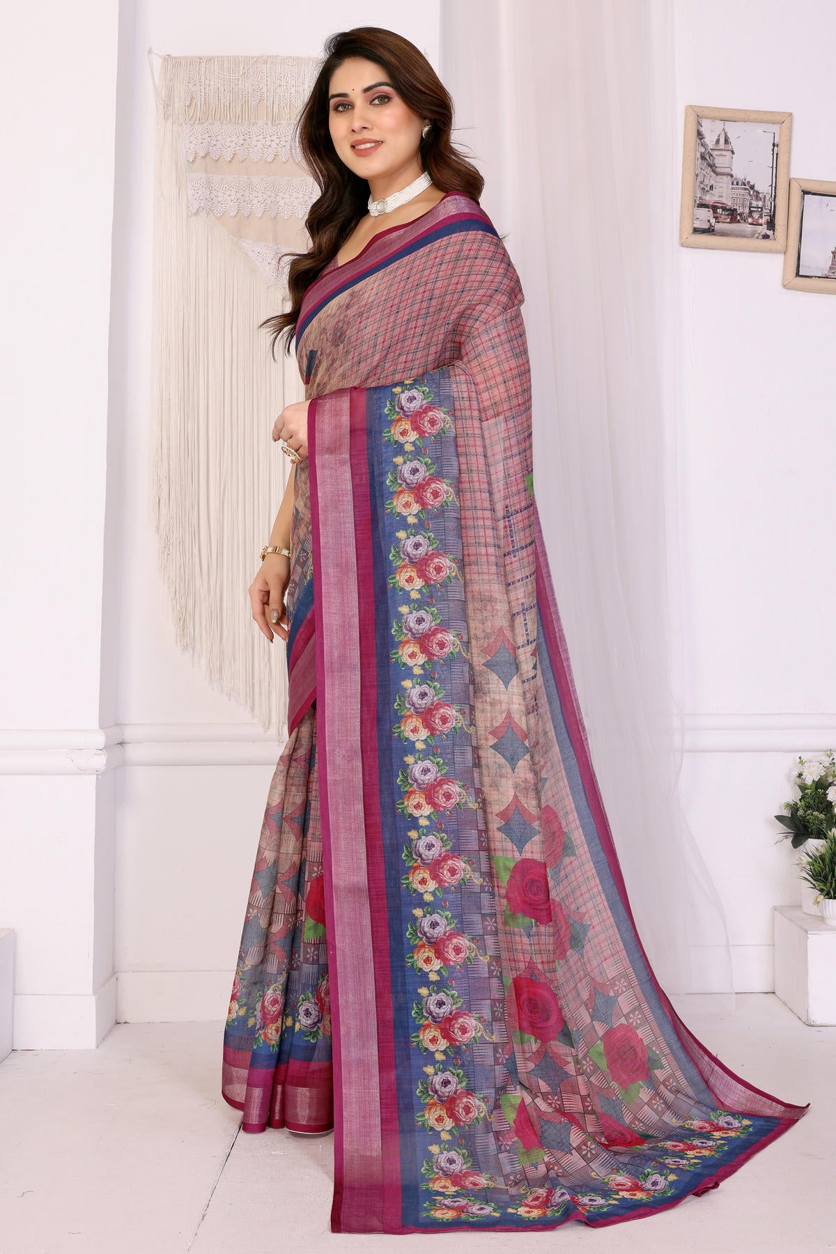 Wine Colour Linen Cotton Printed Saree