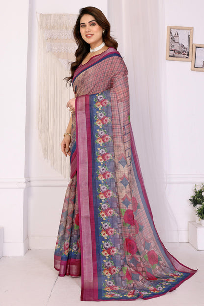 Wine Colour Linen Cotton Printed Saree