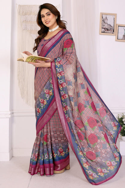 Wine Colour Linen Cotton Printed Saree