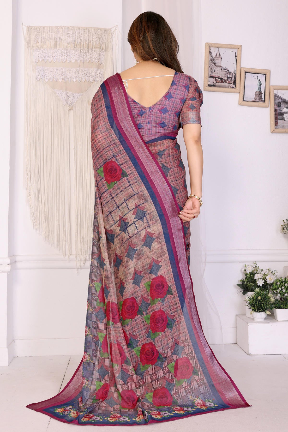Wine Colour Linen Cotton Printed Saree