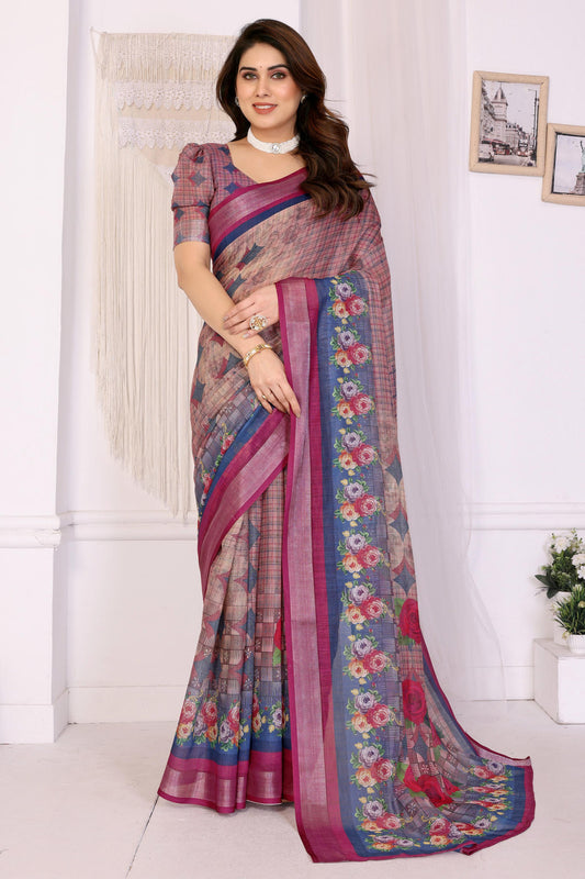 Wine Colour Linen Cotton Printed Saree