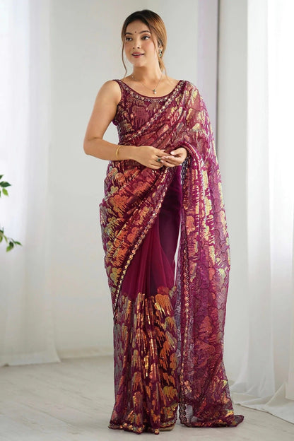 Wine Colour Mono Net Designer Saree SD1111847