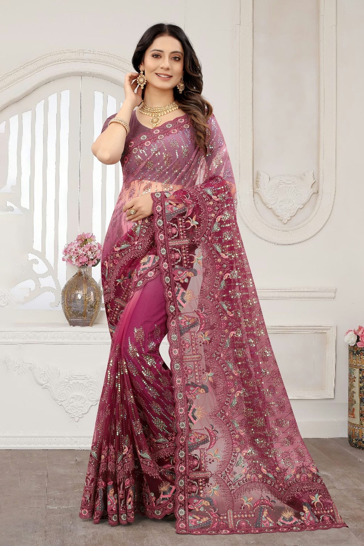 Wine Colour Net Designer Saree LC1121363