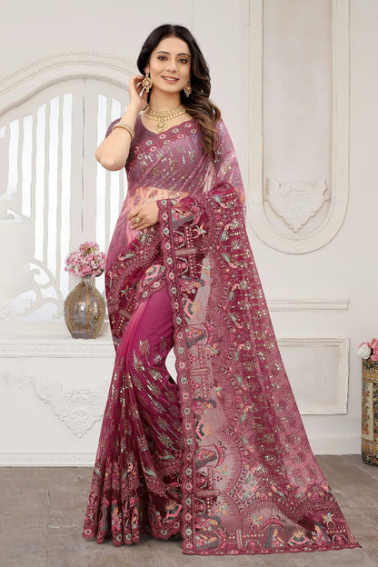 Wine Colour Net Designer Saree LC1121363