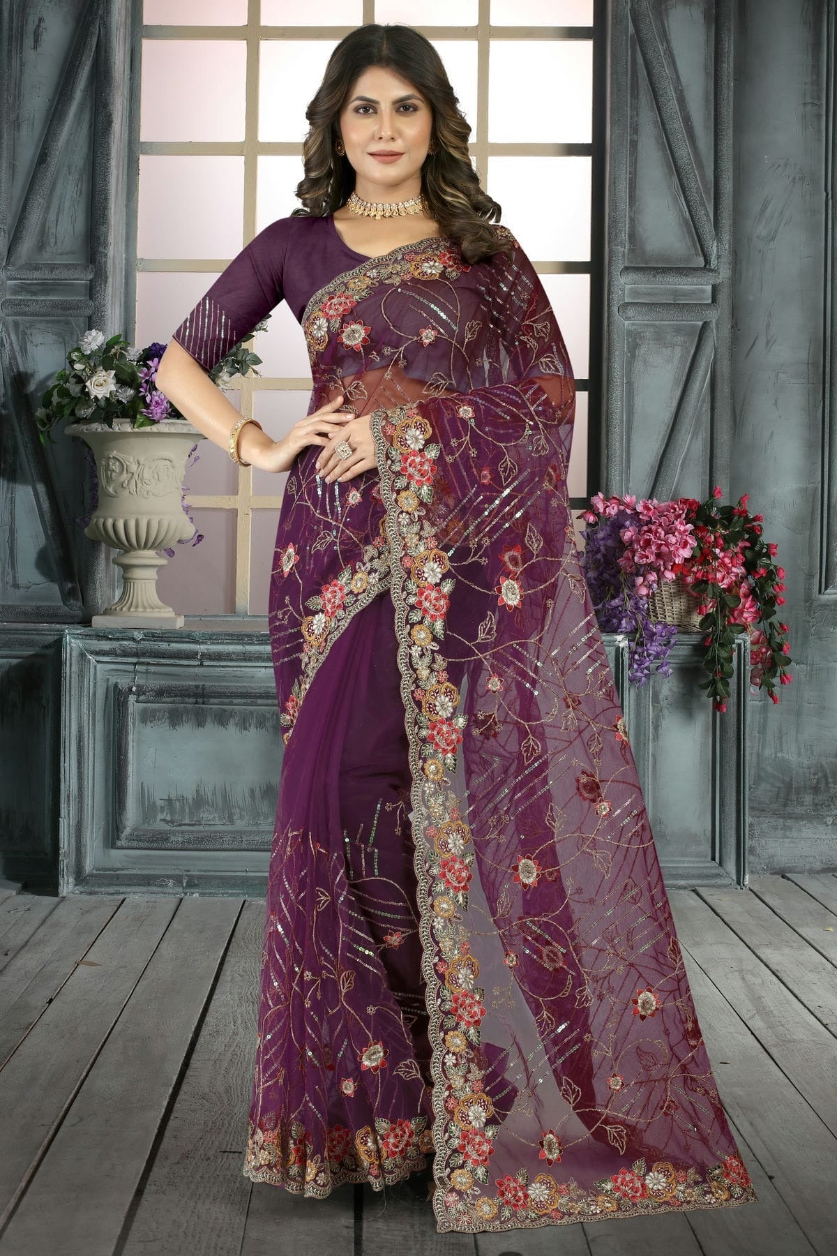 Wine Colour Net Designer Saree LC1121408