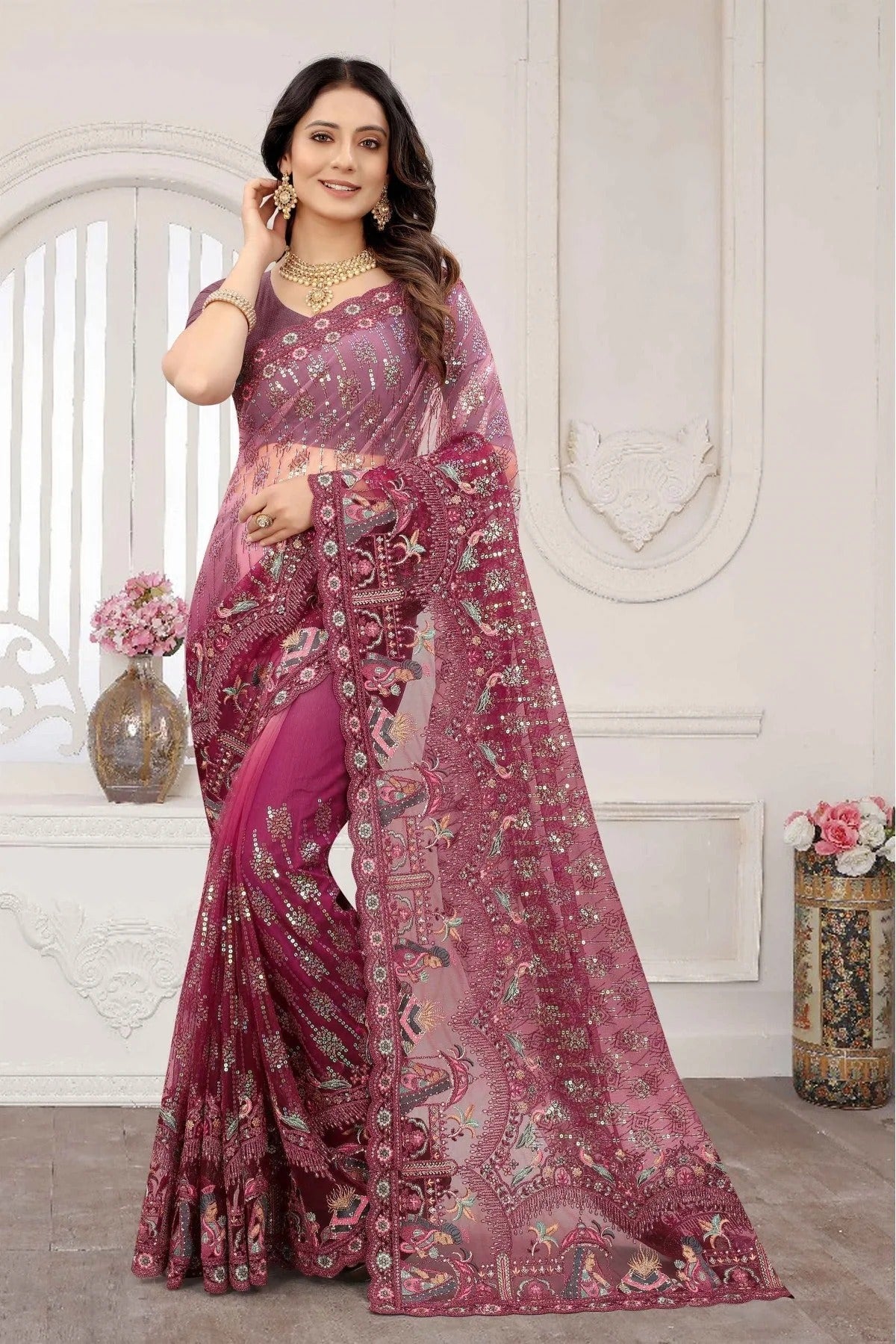 Wine Colour Net Embroidery Saree SD1120885