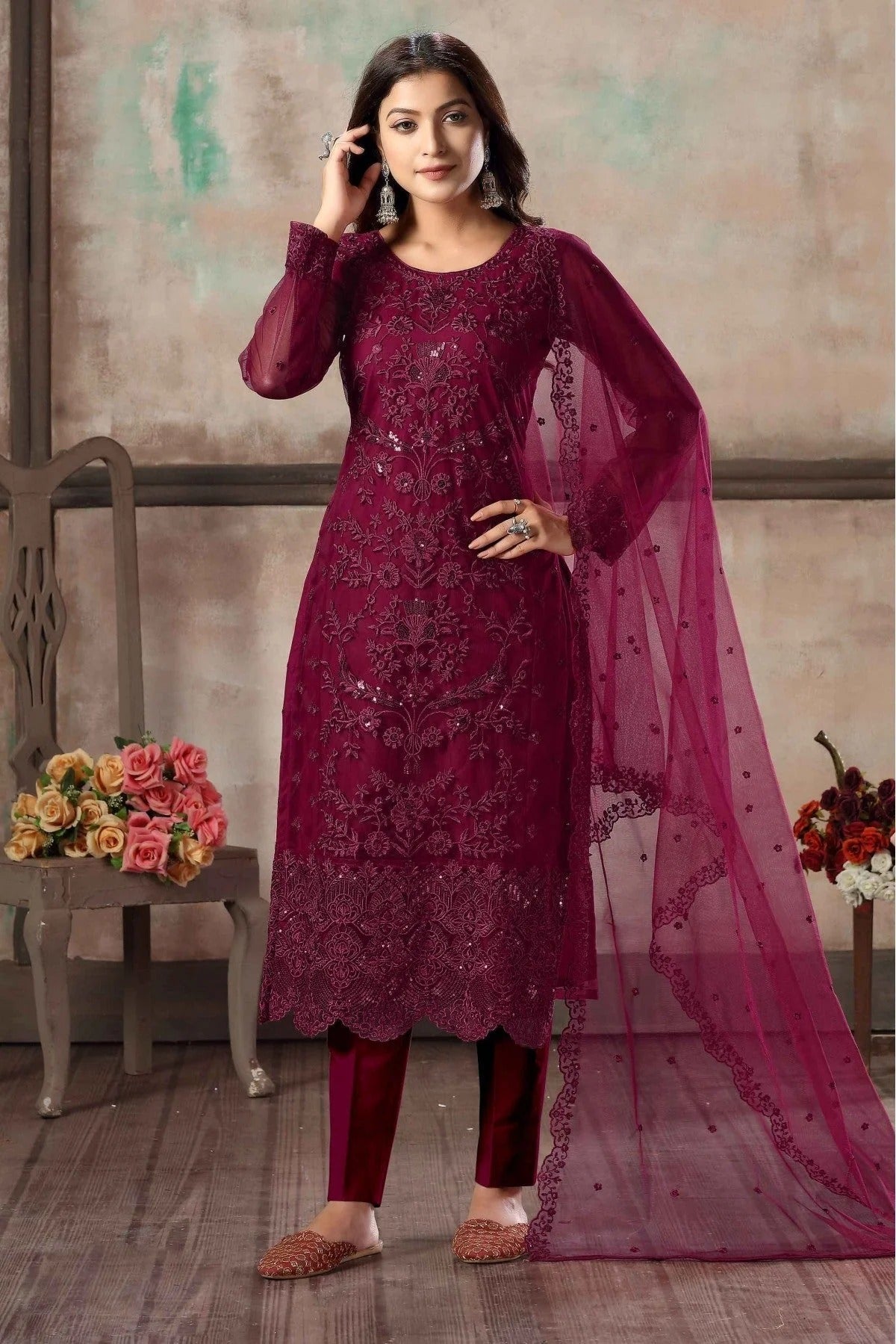 Wine Colour Net Pant Style Suit SM1050032