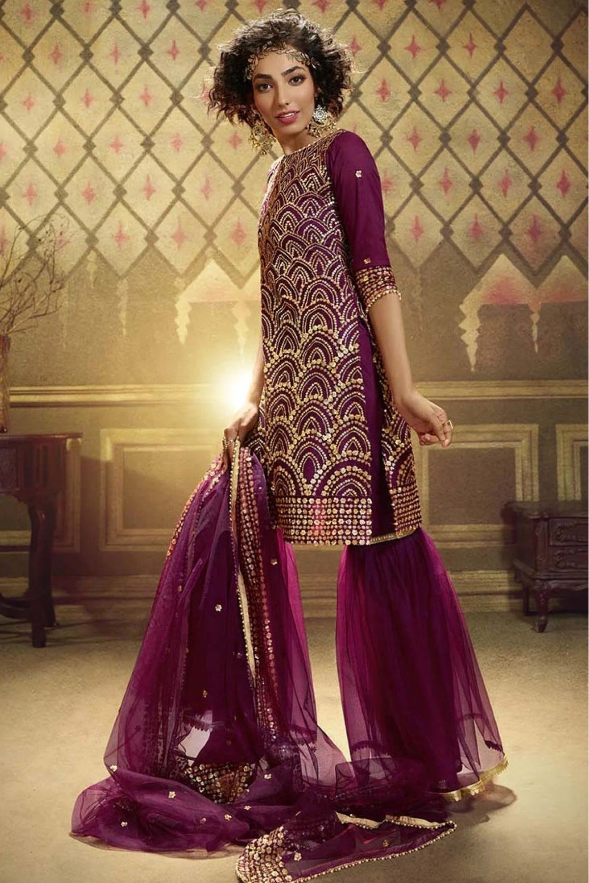 Wine Colour Net Sequins Work Sharara Suit SM1080642 A