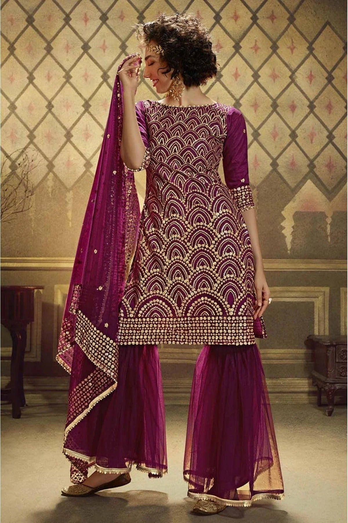 Wine Colour Net Sequins Work Sharara Suit SM1080642