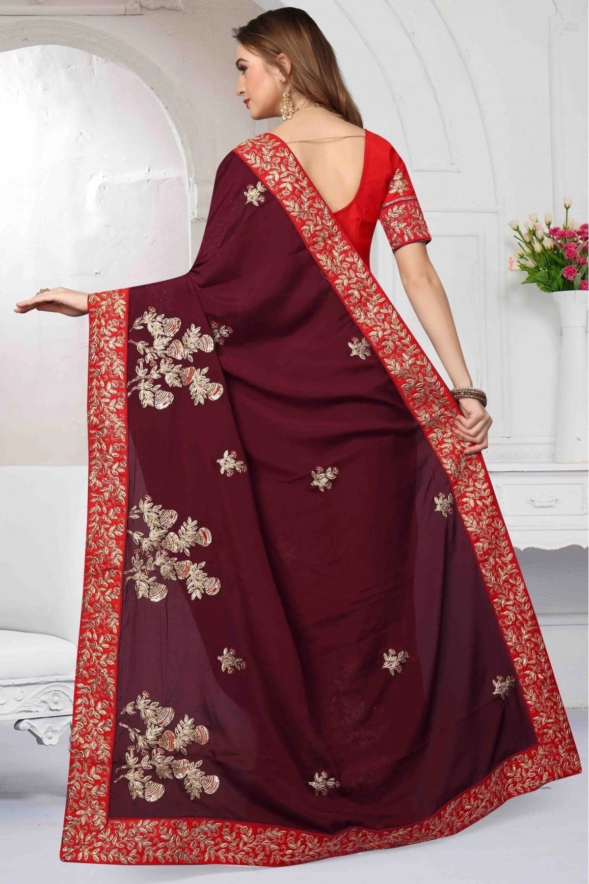 Wine Colour Pure Satin Designer Saree SD1120455 A