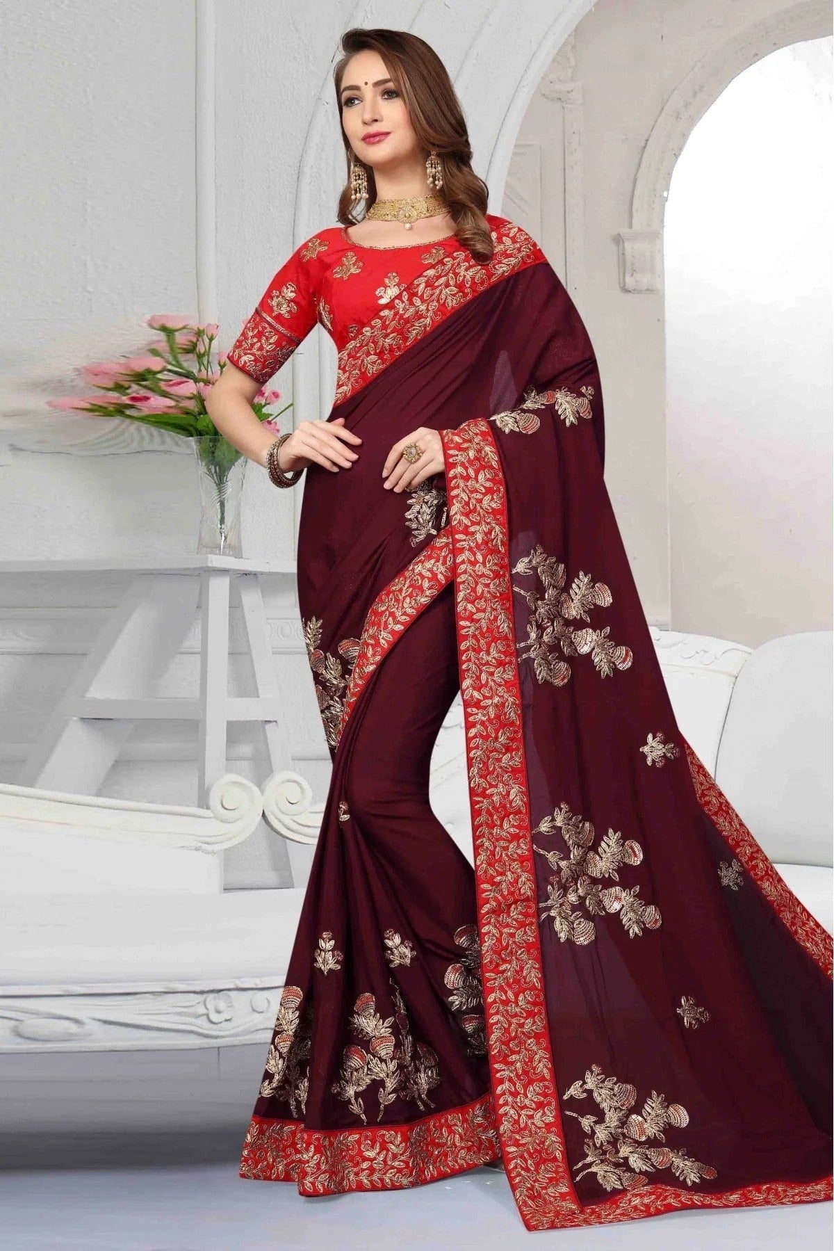 Wine Colour Pure Satin Designer Saree SD1120455