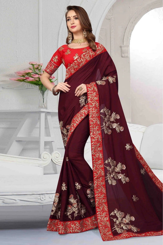 Wine Colour Pure Satin Designer Saree SD1120455