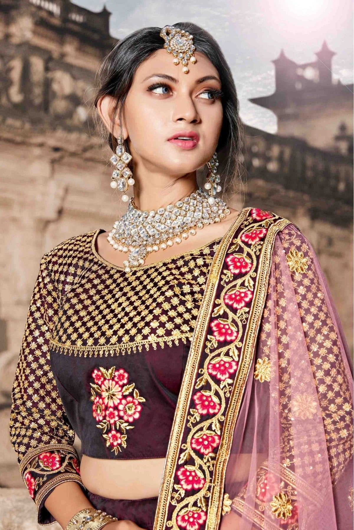 Wine Colour Pure Taffeta Sequins Work Lehenga Choli LC1080192 A