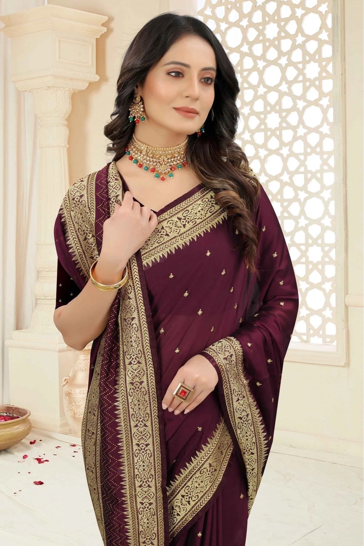 Wine Colour Rangoli Silk Embroidery Saree SD1120964 A