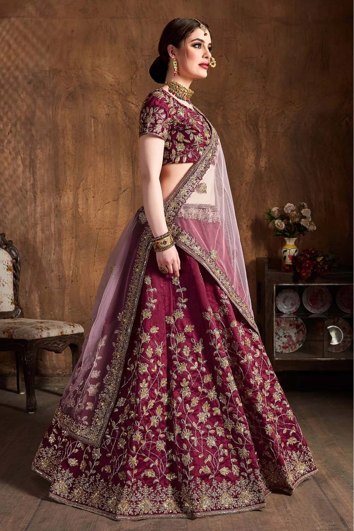 Wine Colour Raw Silk Lehenga Choli LC1010061 A