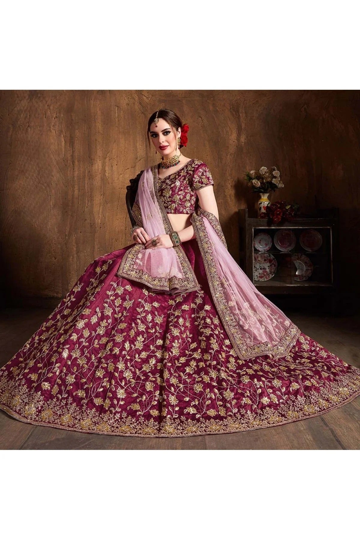 Wine Colour Raw Silk Lehenga Choli LC1010061 C