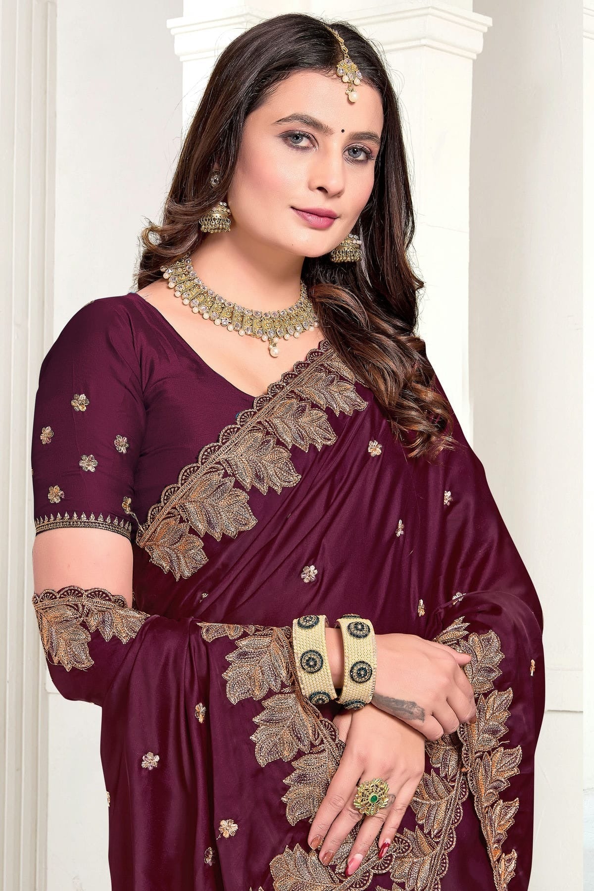 Wine Colour Satin Designer Saree SD1121891 A