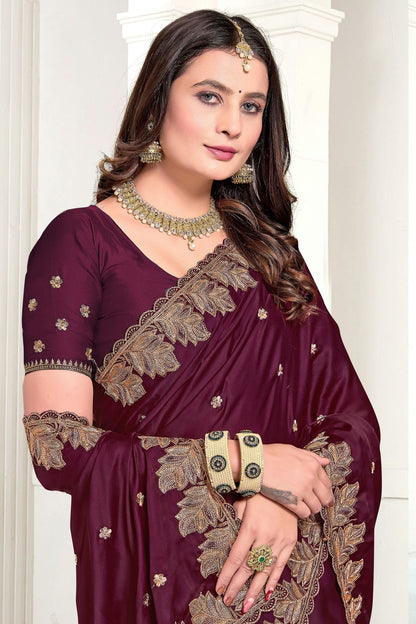 Wine Colour Satin Designer Saree SD1121891 A