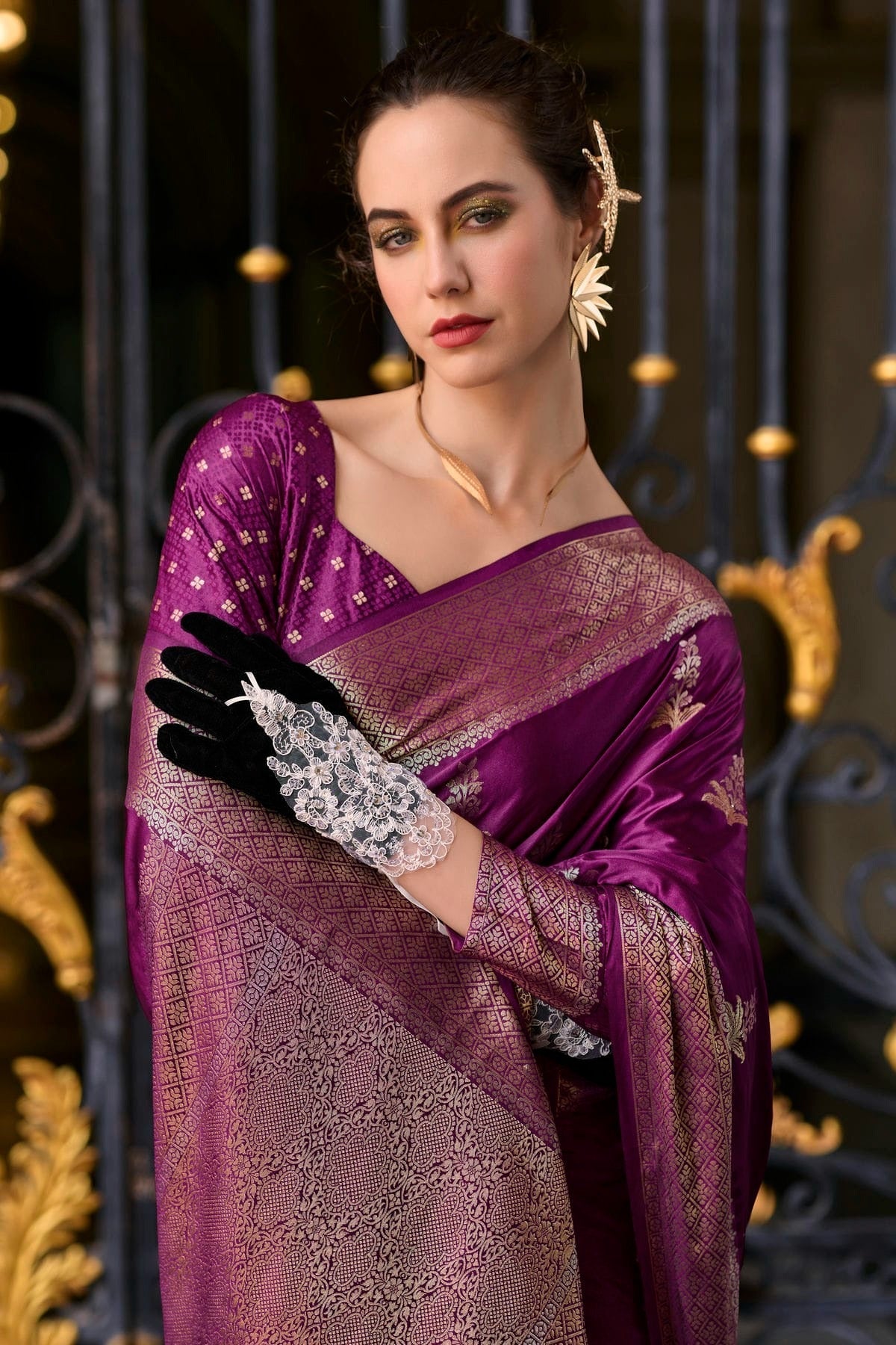 Wine Colour Satin Munga Silk Woven Work Saree SD1290064 A