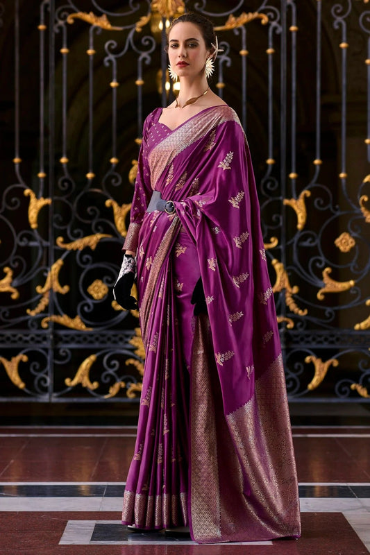Wine Colour Satin Munga Silk Woven Work Saree SD1290064
