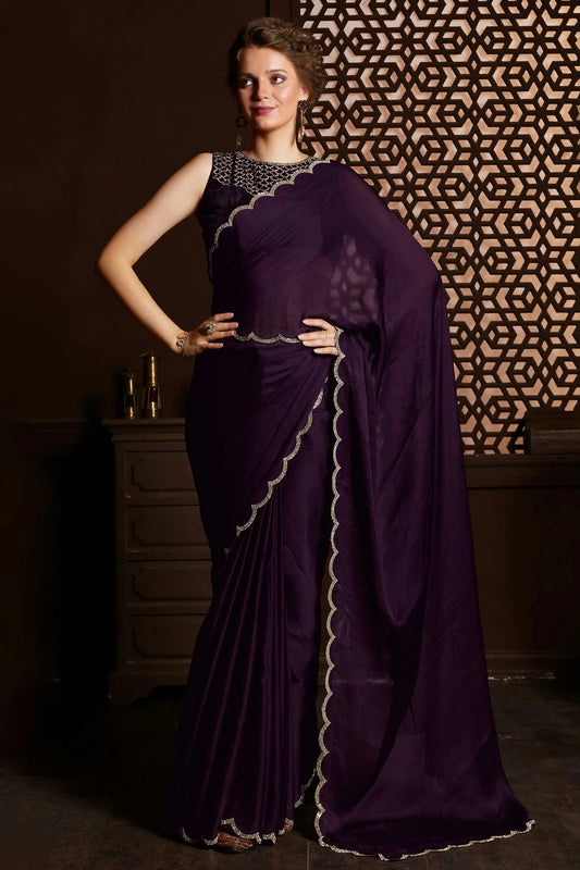 Wine Colour Satin Silk Chiffon Designer Saree LC1121424