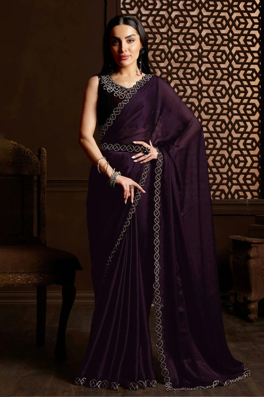Wine Colour Satin Silk Chiffon Designer Saree LC1121431