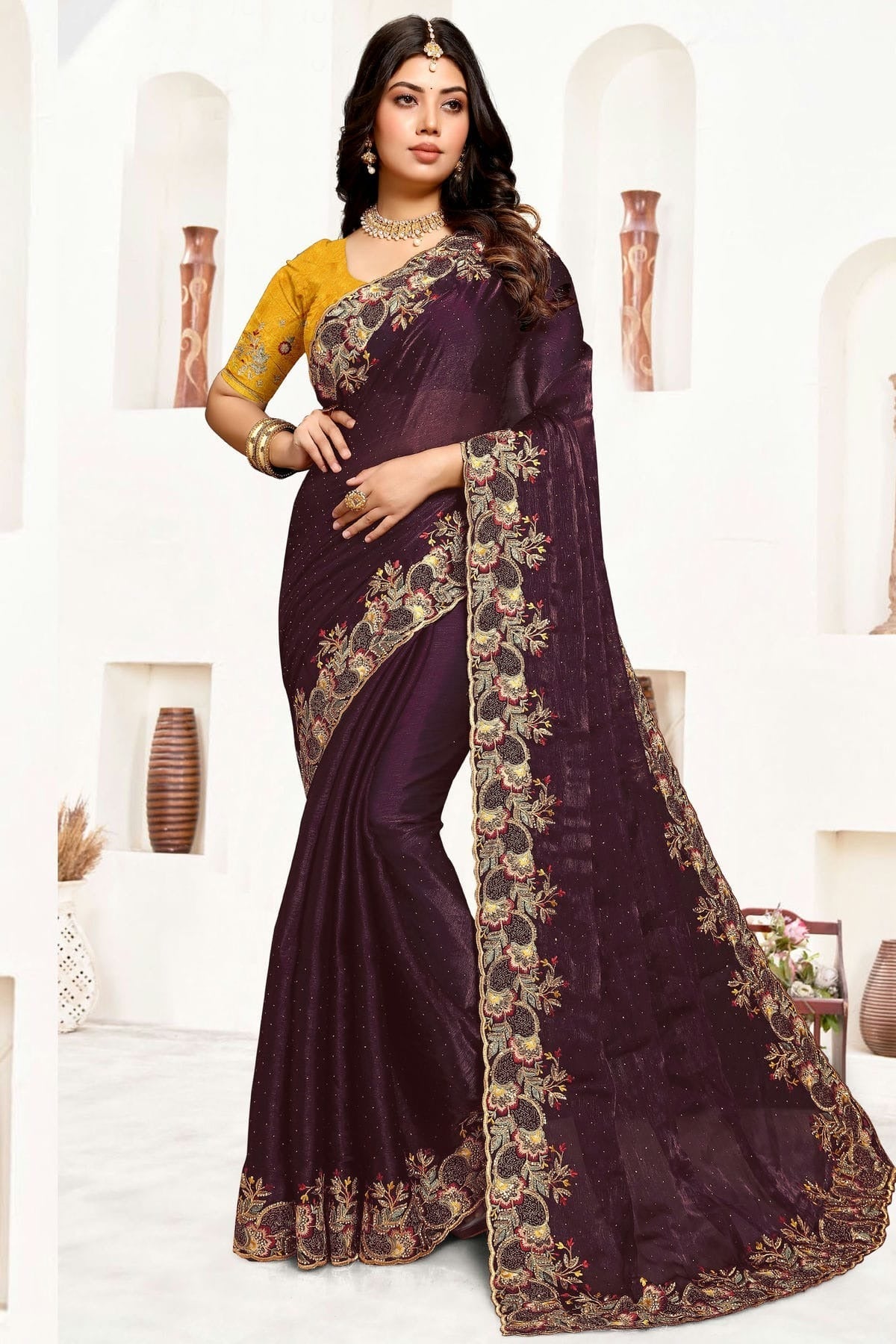 Wine Colour Satin Silk Designer Saree SD1091057