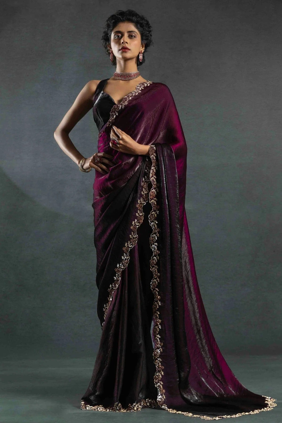 Wine Colour Satin Silk Designer Saree SD1121999
