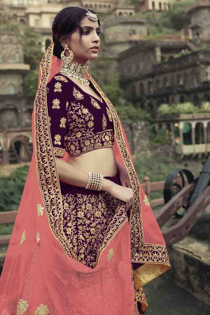 Wine Colour Satin Thread Work Lehenga Choli LC1080348 A
