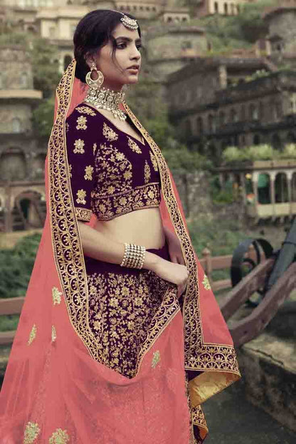 Wine Colour Satin Thread Work Lehenga Choli LC1080348 A