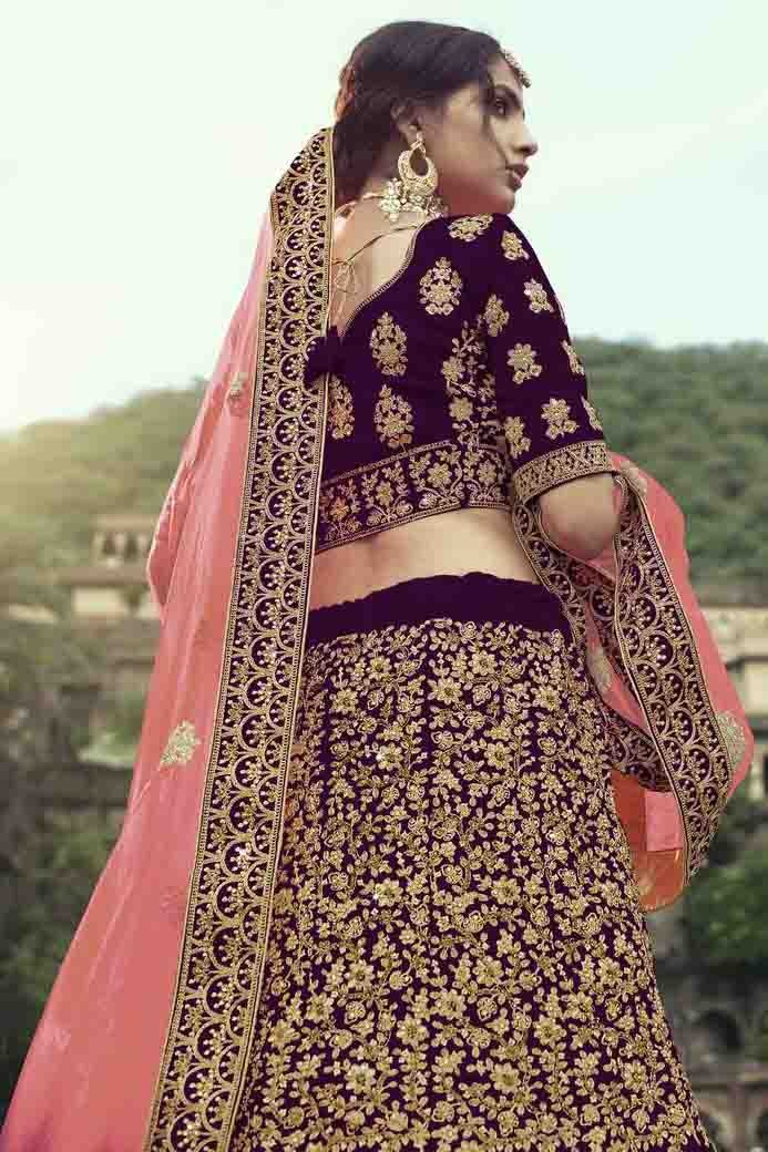 Wine Colour Satin Thread Work Lehenga Choli LC1080348 B