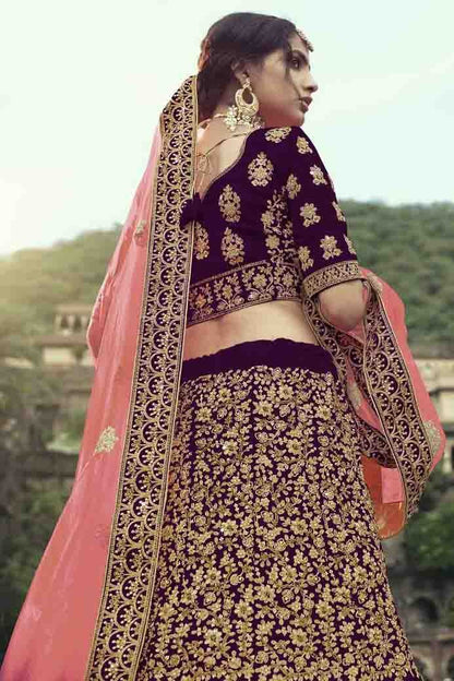 Wine Colour Satin Thread Work Lehenga Choli LC1080348 B