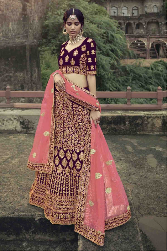 Wine Colour Satin Thread Work Lehenga Choli LC1080348