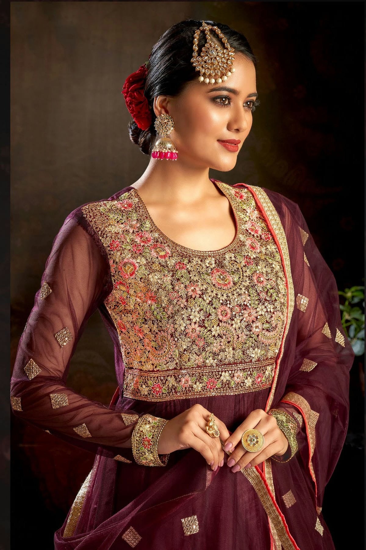 Wine Colour Semi Stitched Butterfly Net Anarkali Suit SM1140145 A