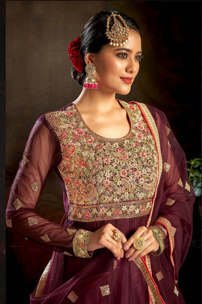 Wine Colour Semi Stitched Butterfly Net Anarkali Suit SM1140145 A