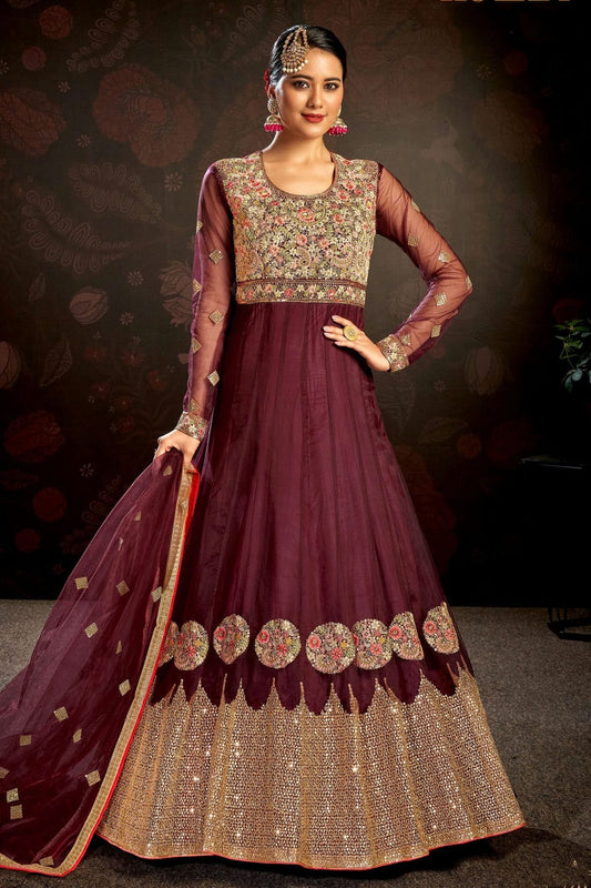 Wine Colour Semi Stitched Butterfly Net Anarkali Suit SM1140145