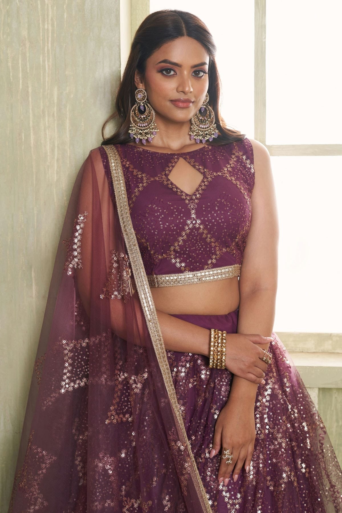 Wine Colour Semi Stitched Butterfly Net Lehenga Choli LC1112526 B