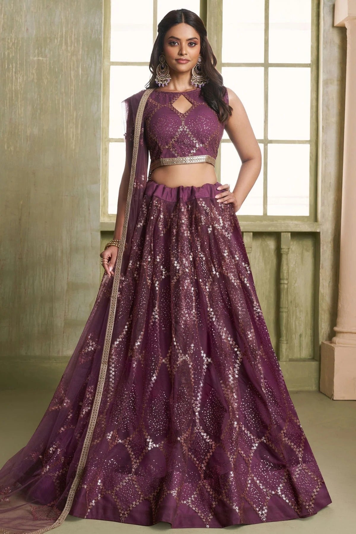 Wine Colour Semi Stitched Butterfly Net Lehenga Choli LC1112526