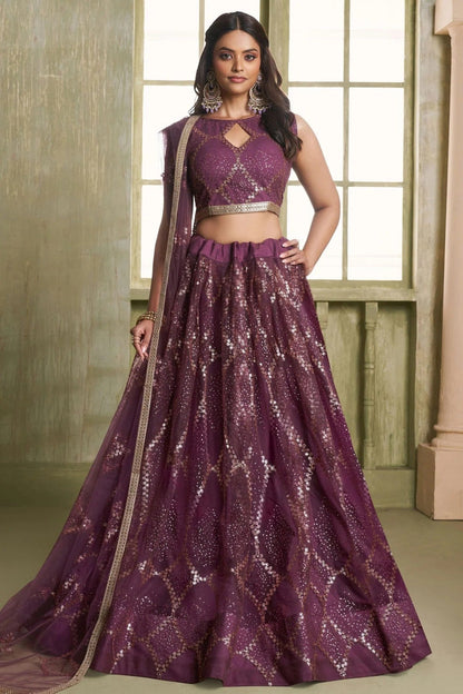 Wine Colour Semi Stitched Butterfly Net Lehenga Choli LC1112526